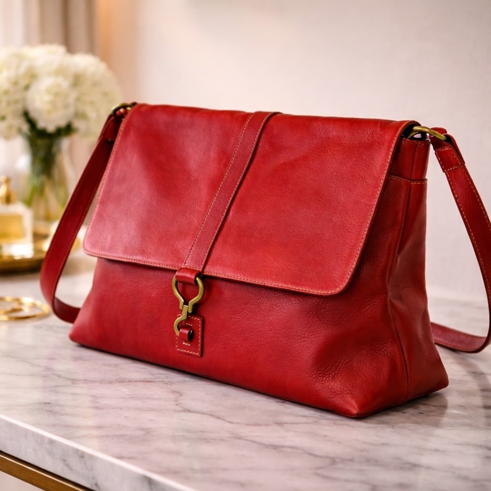 Ralph Lauren Red Leather Shoulder Bag Genuine Leather Brass Hardware Vintage